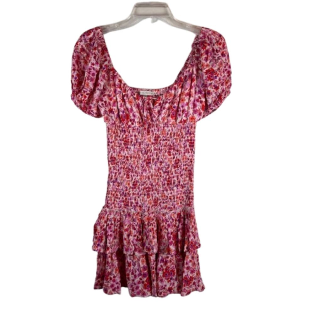 We're All Pretty Girls Smocked Floral Mini Dress Pink Puff Sleeve Tiered L